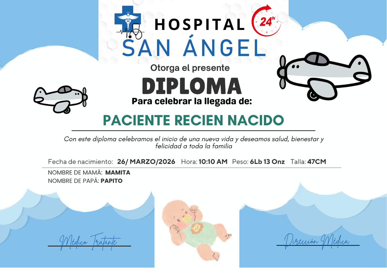 Diploma para bebé recién nacido - Hospital San Ángel