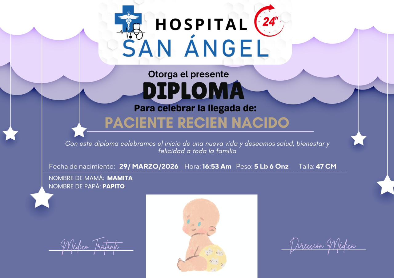Diploma especial para bebé recién nacido - Hospital San Ángel